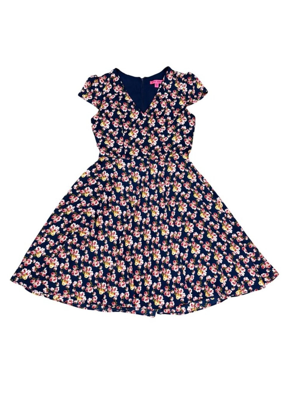 Betsey Johnson Navy Floral Fit & Flare Dress Size 4 Cap Sleeves V-Neckline